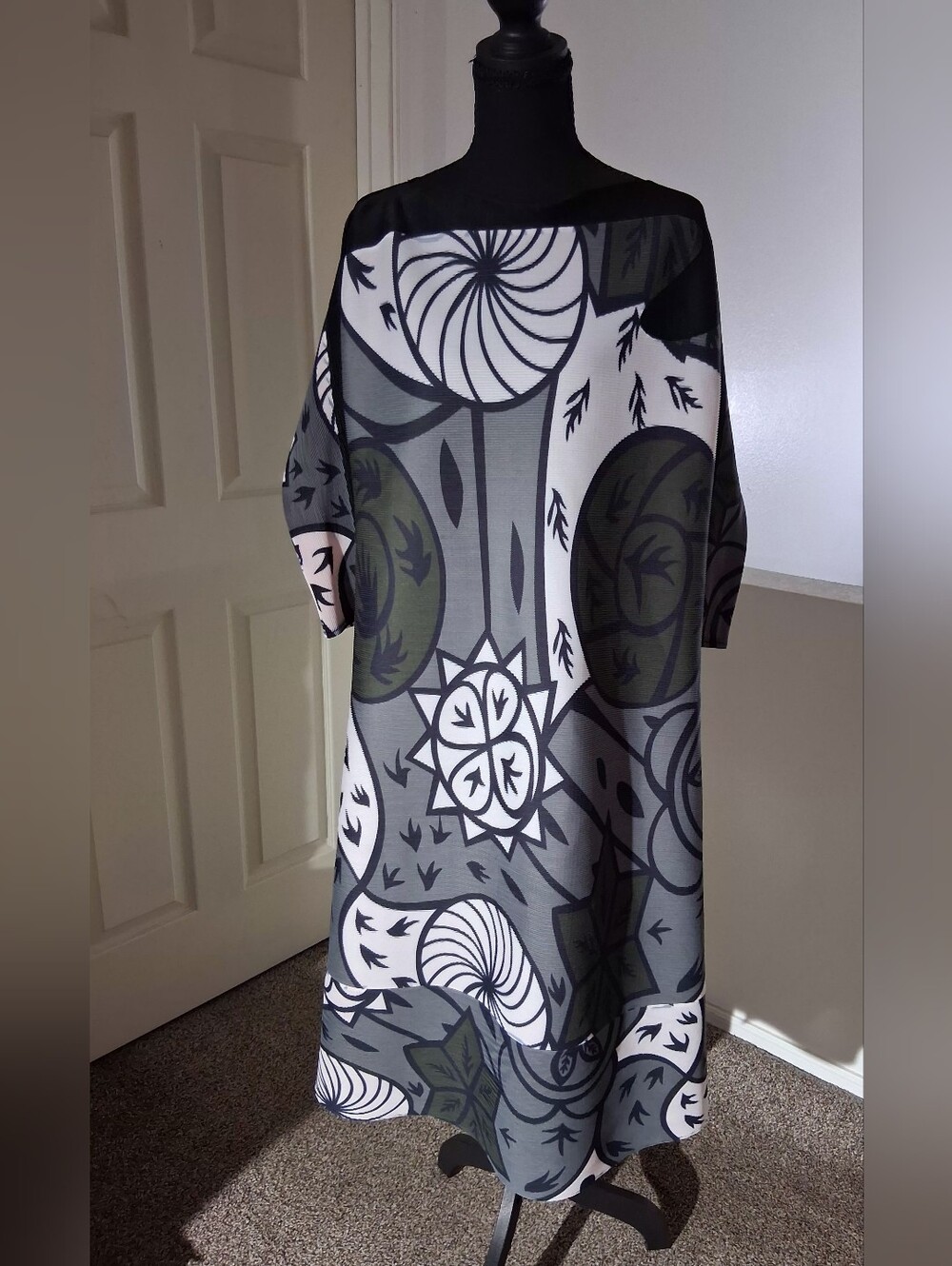 Abstract Grey + Olive Midi Dress with Bold Graphic Print